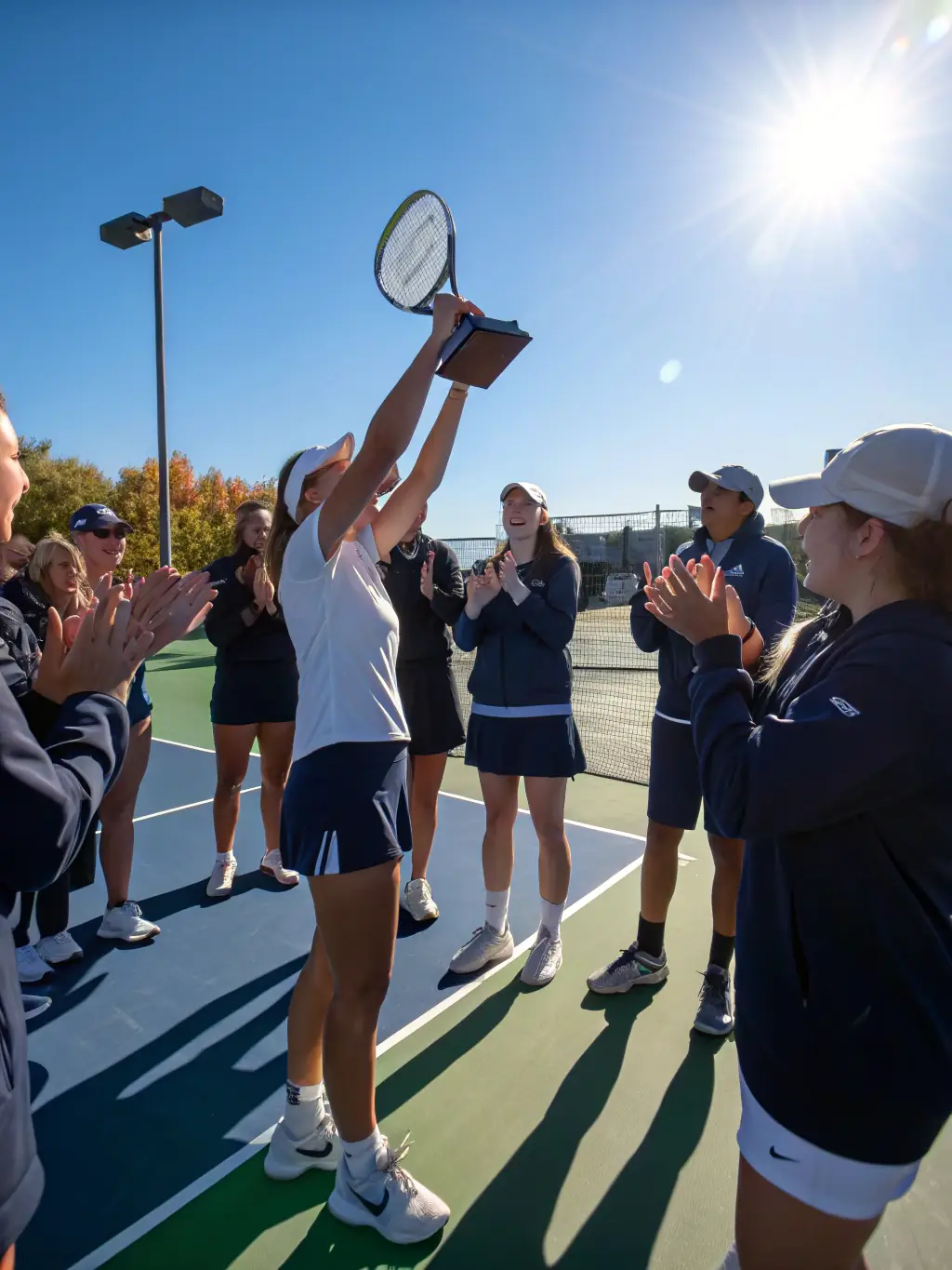 A group photo of high school tennis team members, coaches, and volunteers, celebrating a successful season supported by the Voorheesville Tennis Booster Club.