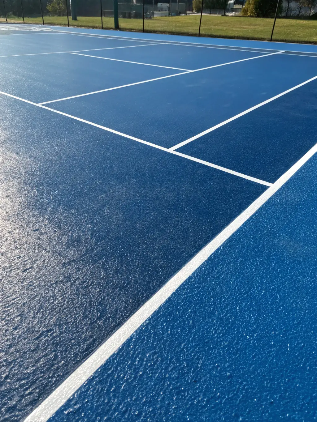 A wide shot of newly renovated tennis courts funded by the Voorheesville Tennis Booster Club, showcasing the improved facilities available to the community's tennis players.