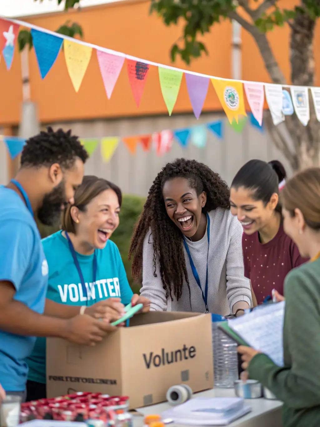 A vibrant photo of volunteers organizing a fundraising event, such as a bake sale or car wash, to support the Voorheesville Tennis Booster Club.
