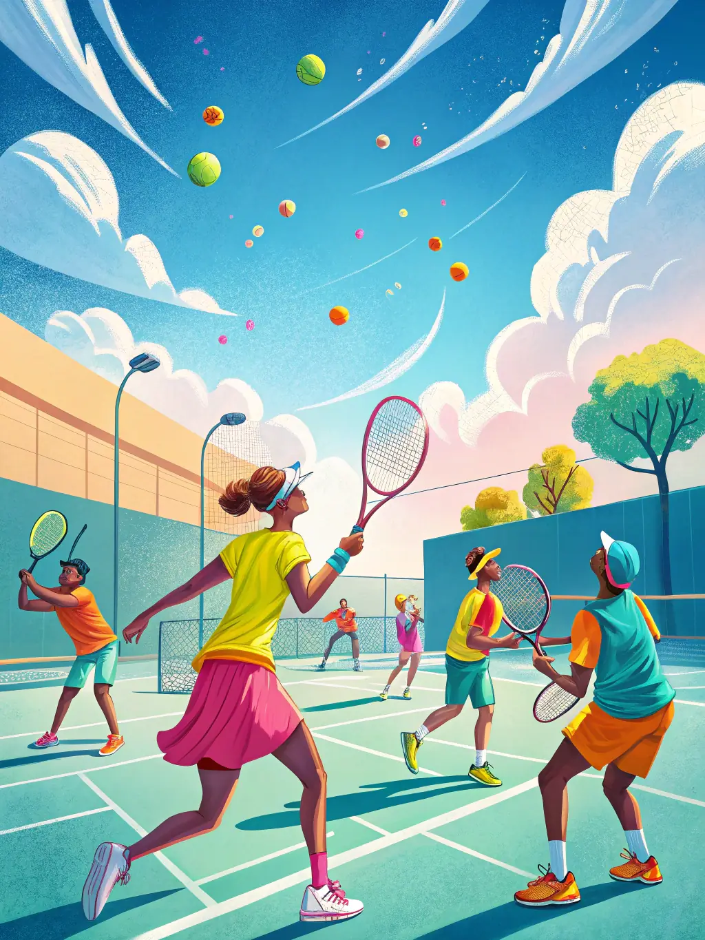 A vibrant photograph of young tennis players participating in a clinic funded by the Voorheesville Tennis Booster Club, showcasing their enthusiasm and skill development.
