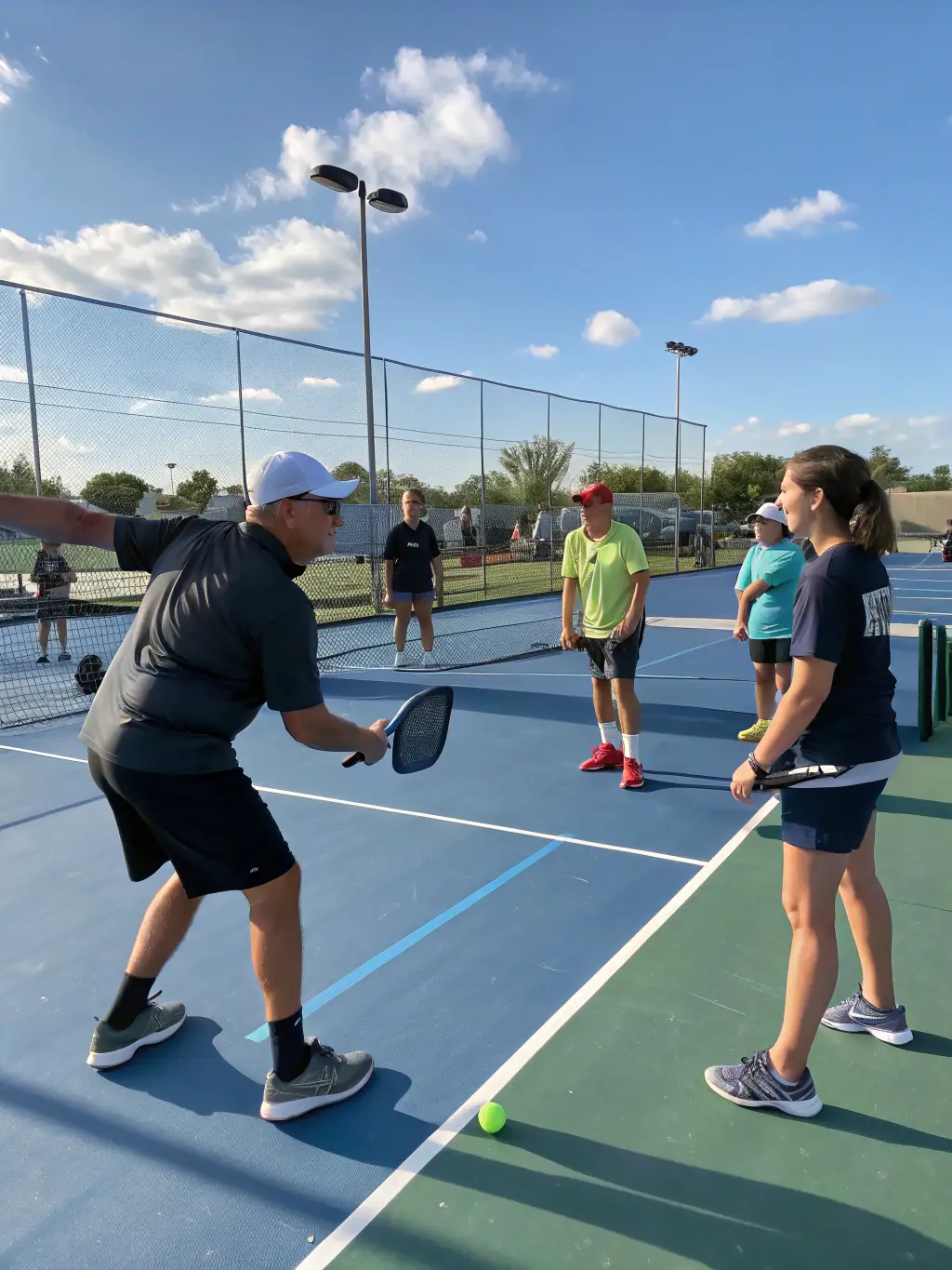 A picture of a certified tennis coach providing instruction to a group of young tennis players on a sunny court.