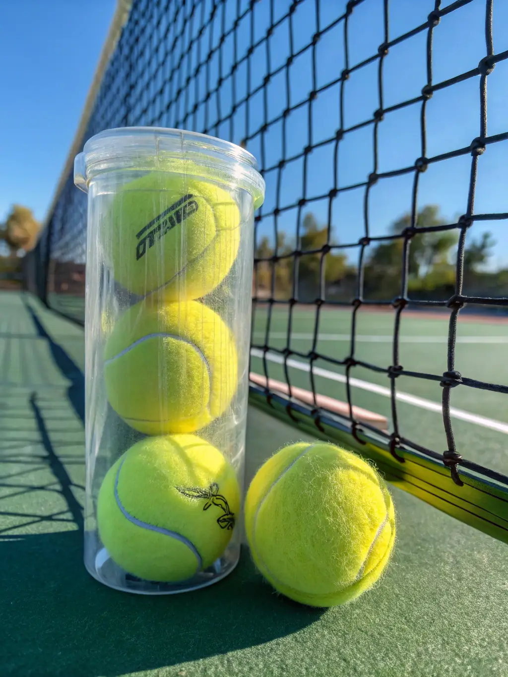 A photo of various tennis equipment (balls, nets, rackets) purchased with donations, ready for use in Voorheesville Tennis Booster Club programs.